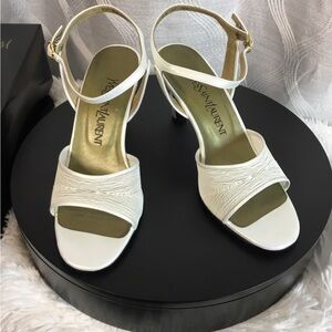 Yves Saint Laurent White Textured Front-Band Ankle-Strap Sandals